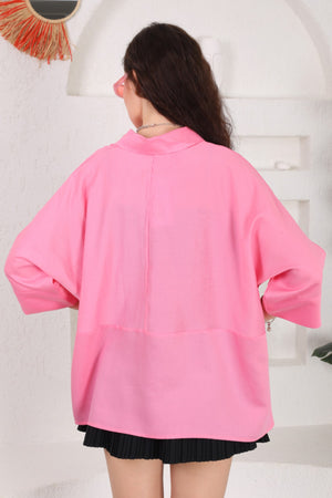 Kadın Gizli Düğmeli Fakir Kol Salaş Oversize Geniş Kalıp %50 Viskon %50 Pamuk Gömlek - Pembe