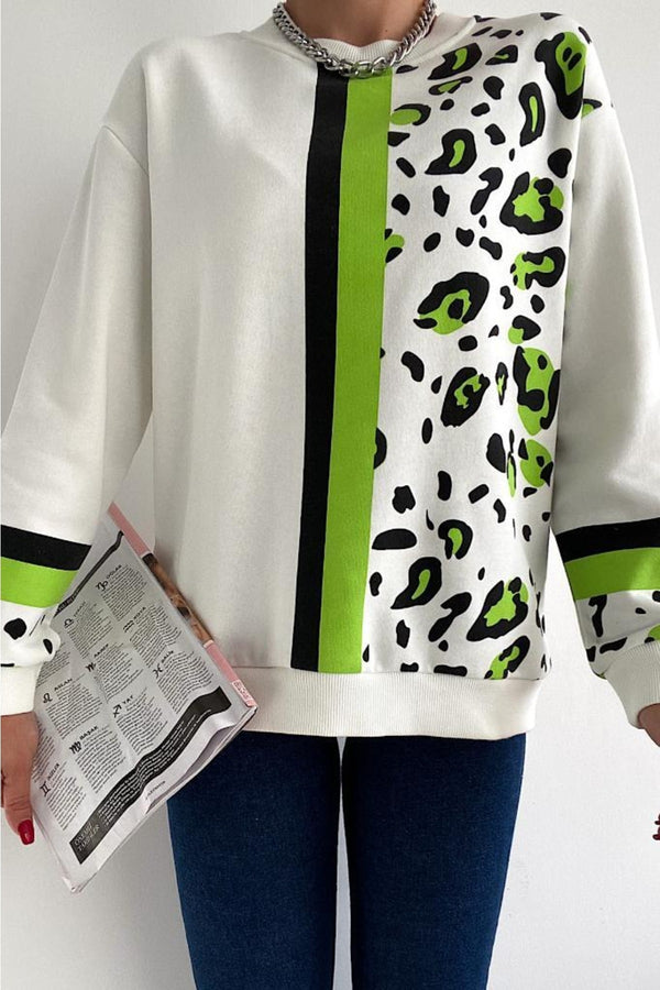 Kadın Leopar Desen Pamuk Sweatshirt - Beyaz