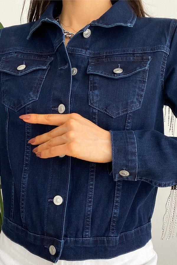 Kadın Sırtı Püsküllü Tasarım Denim Kot Ceket - Mavi