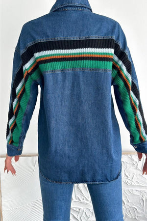 Kadın Sırtı Triko Şerit Detaylı Oversize Kot Ceket - Mavi