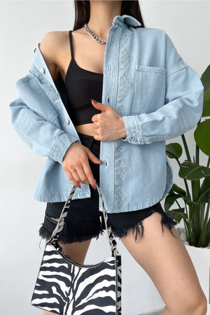 Kadın Buz Yeni Sezon Çift Cepli Standart Beden Nakış Işlemeli Oversize Ceket - Mavi