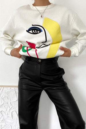 Kalın Içi Polarlı Nakış Işlemeli Kabartmalı Oversize Sweatshirt - Ekru