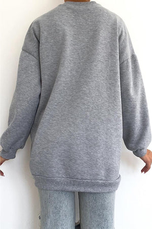 Yeni Sezon Selfie Baskılı Pamuklu Oversize Sweatshirt - Gri