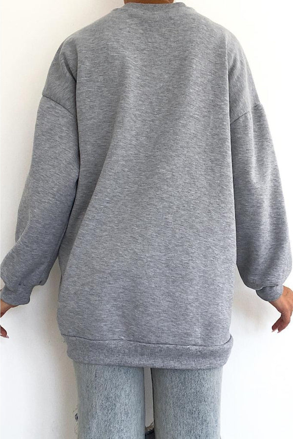 Yeni Sezon Selfie Baskılı Pamuklu Oversize Sweatshirt - Gri
