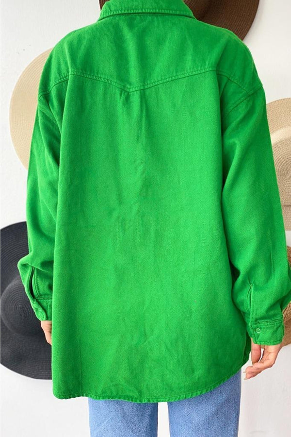 Kadın Düşük Omuz Oversize Çıtçıtlı Kalın Gömlek - Yeşil