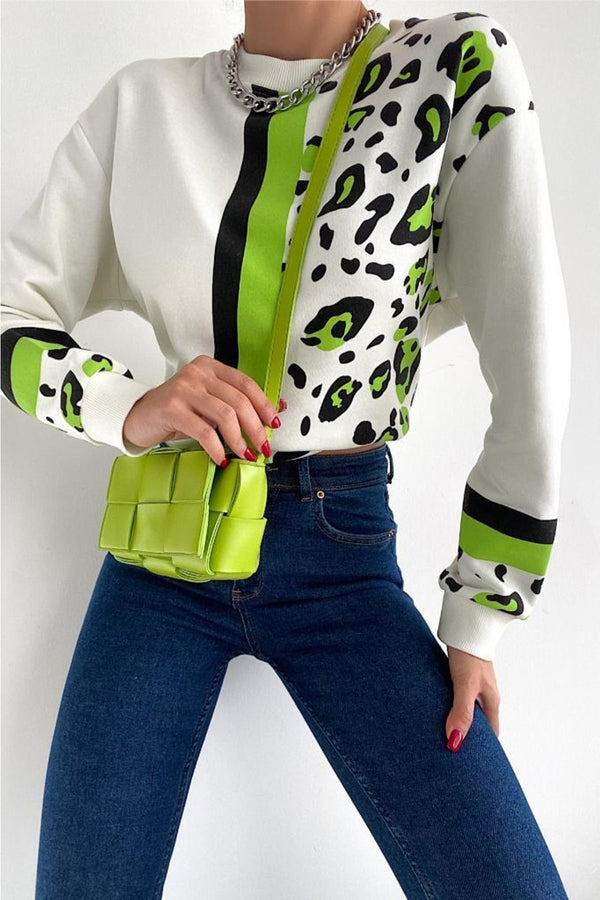 Kadın Leopar Desen Pamuk Sweatshirt - Beyaz