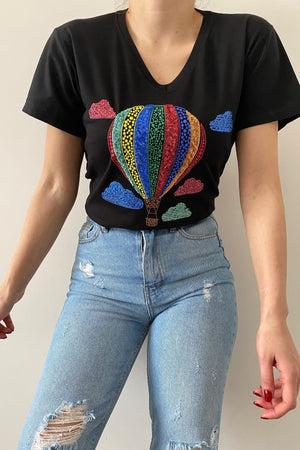 Kadın V Yaka Yeni Sezon Balon Desen Pul Işlemeli Pamuk Tişört - Siyah