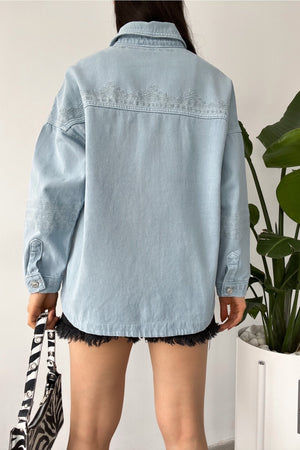 Kadın Buz Yeni Sezon Çift Cepli Standart Beden Nakış Işlemeli Oversize Ceket - Mavi