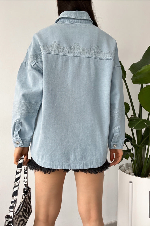Kadın Buz Yeni Sezon Çift Cepli Standart Beden Nakış Işlemeli Oversize Ceket - Mavi